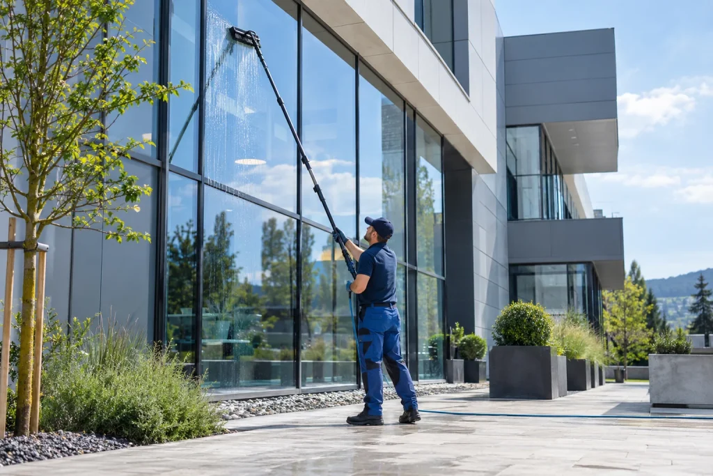 Mytí prosklené fasády teleskopickou čisticí technikou