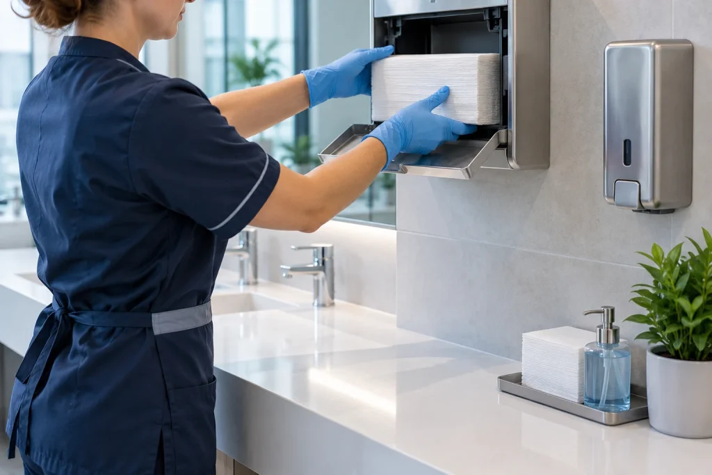 Doplňování papírových ručníků a hygienického zázemí